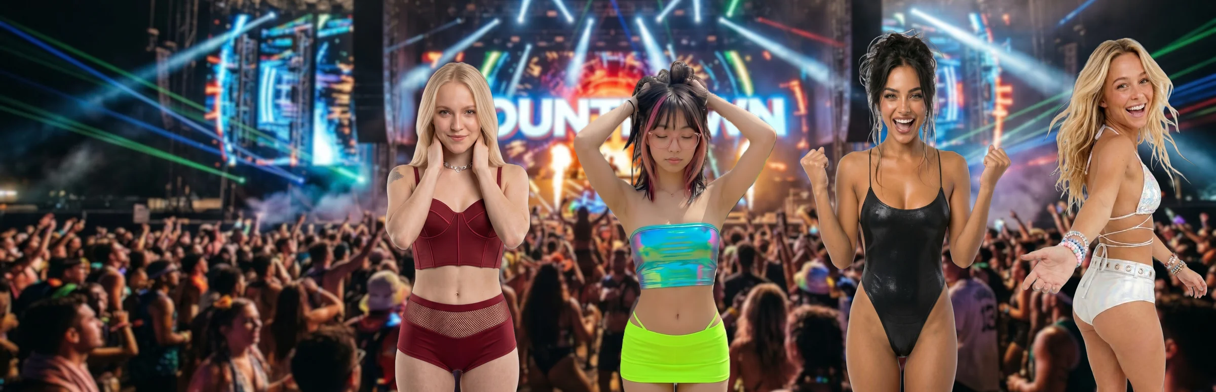 The crew under bright lasers at a Las Vegas music festival